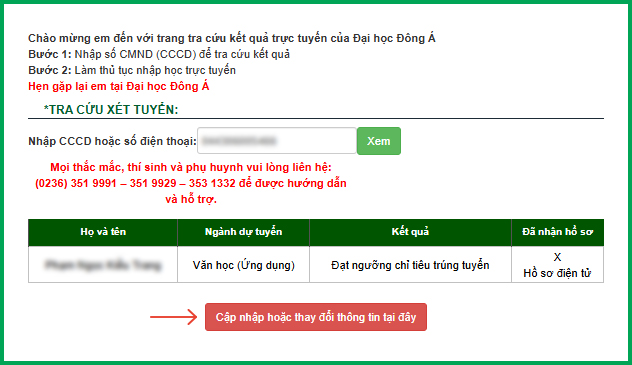 Bước 2 thủ tục nhập học